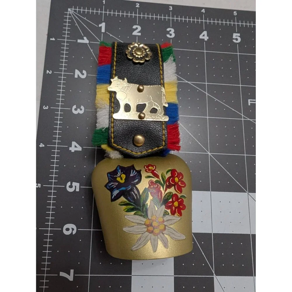 Cow Bell Brass painted wild flowers faux leather‎ colorful cow charm 6 inch